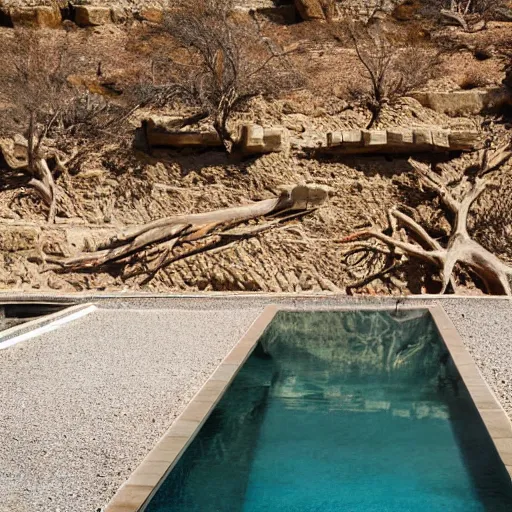 Prompt: quiet still pool, oasis in cleft of rock overlooking sandy desert spotted with dead dead trees