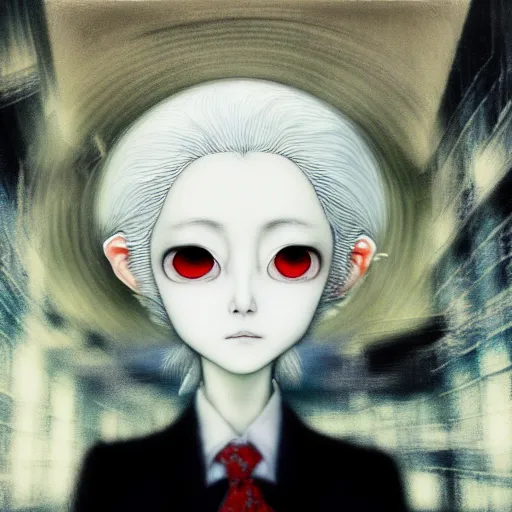 Image similar to yoshitaka amano blurred and dreamy realistic portrait of a woman with white hair and black eyes wearing office suit with tie, junji ito abstract patterns in the background, satoshi kon anime, noisy film grain effect, highly detailed, renaissance oil painting, weird portrait angle, blurred lost edges, three quarter view