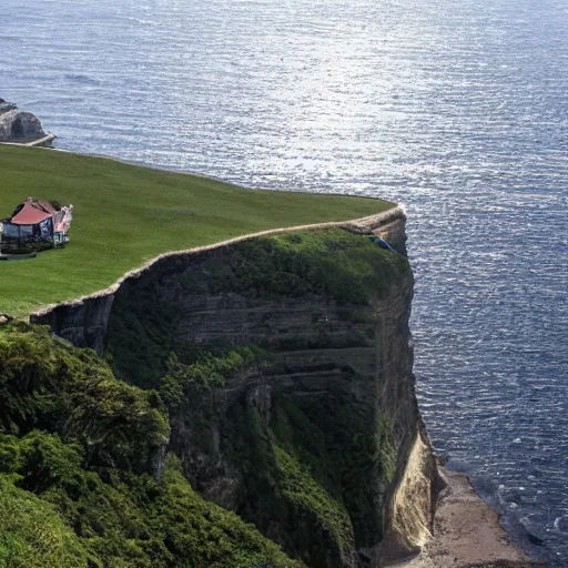 Image similar to a picture of a huge seaside cliff with a beach at the bottom, and small bronen huts in the beach, and a huge mansion on the top of the cliff