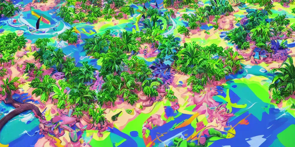 Image similar to plastic beach island lush vegetation caustics fluid simulation lighting impressive colorful masterpiece graffiti hyper perspective textured detailed intricate sharp focus 8 k