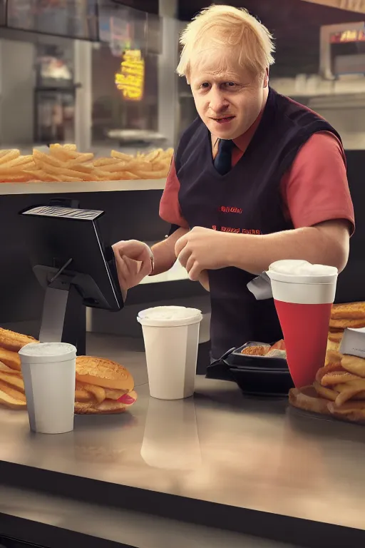 Prompt: intricate color photo of boris johnson, working in mcdonalds serving a customer, 8 k octane beautifully detailed render