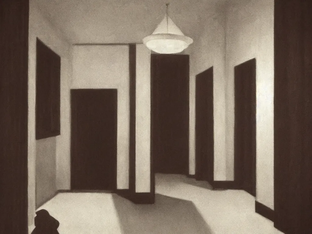 Prompt: the shinning hotel hallway, 70s, americana, dim, dark, lone scary silhouette in the distance, ultra view angle view, realistic detailed painting by edward hopper