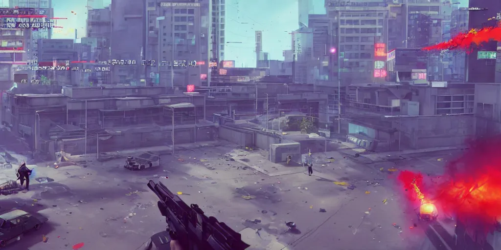 Prompt: 1991 Video Game Screenshot, Anime Neo-tokyo Cyborg bank robbers vs police, bags of money, Helipad, Rooftop, Police officer hit, Bullet Holes and Blood Splatter, Hostages, Smoke Grenade, Sniper Fire, Chaotic, Cyberpunk, Anime VFX, Machine Gun Fire, Violent, Action, FLCL, Shootout, Highly Detailed, 8k :4 by Katsuhiro Otomo + Studio Gainax + Arc System Works : 8