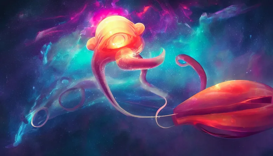 Prompt: anthropomorphic squid floating in a nebula in space, distant vibrant magical lights, volumetric lighting, puffy clouds, digital art, concept art, hyperdetailed