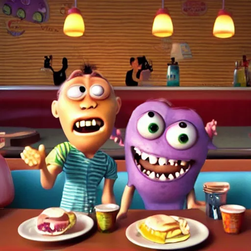 Prompt: cute monsters in a diner, Pixar style