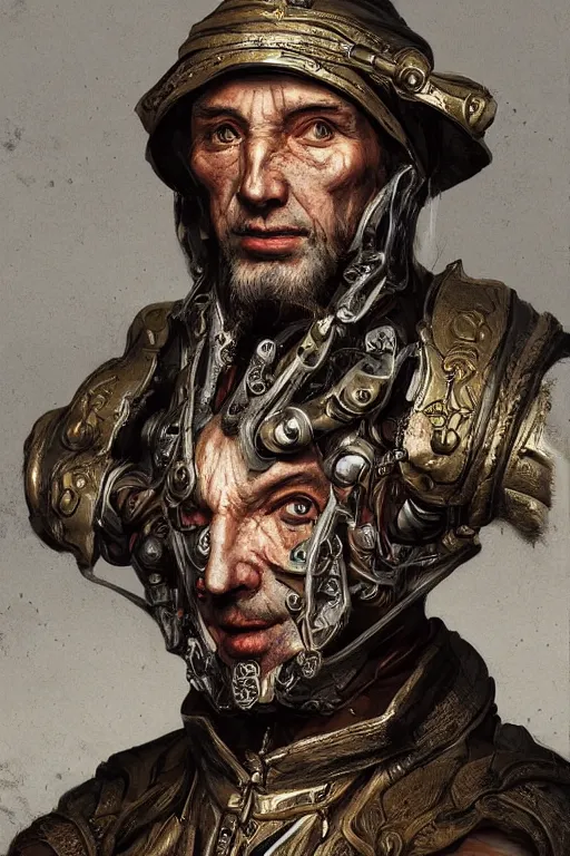 Image similar to portrait, headshot, digital painting, of a old 17th century cyborg merchant, baroque, ornate clothing, realistic, hyperdetailed, chiaroscuro, concept art, art by Franz Hals