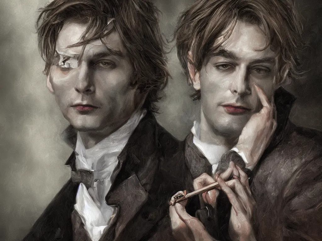 Prompt: dorian gray's painting being painted by basil halward, digital painting, wallpaper, realistic lightning