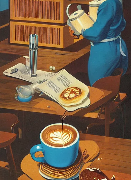 Image similar to coffee and pancakes poster artwork by Michael Whelan, clean