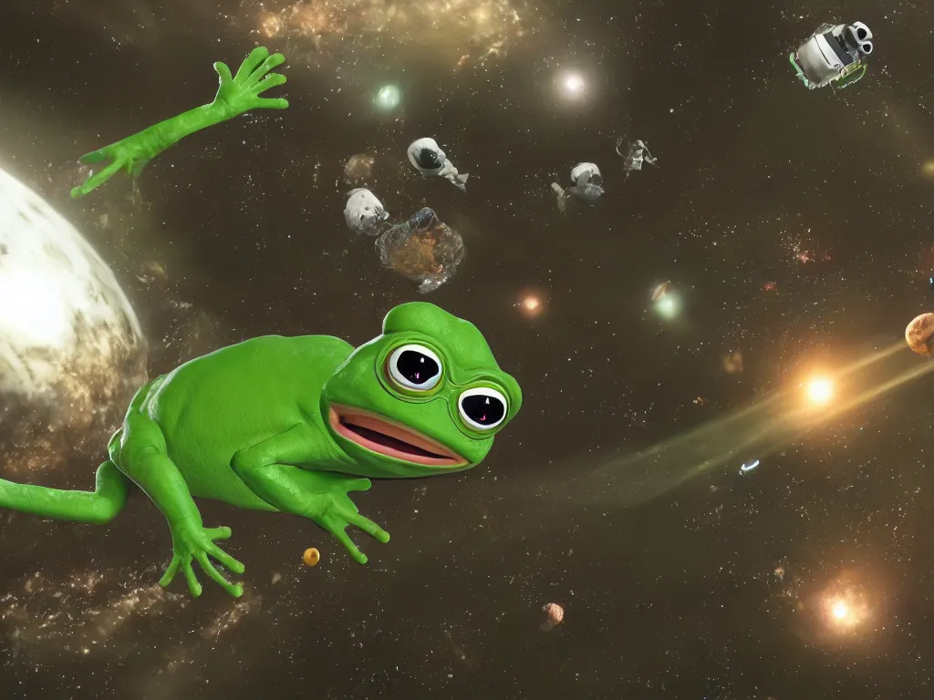 Prompt: hyper realistic, unreal engine 5, 8k, detailed, pepe the frog wearing spacesuit floating in space, photorealism