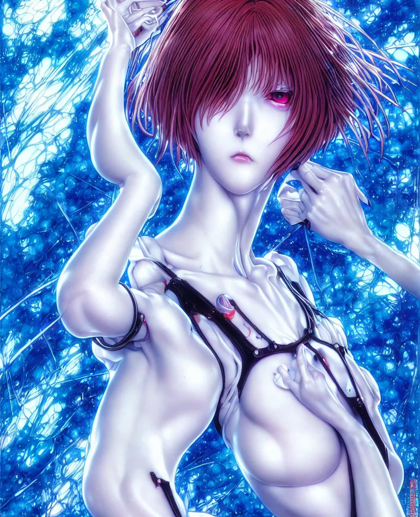 Prompt: realistic detailed image of ultra mega space realistic detailed female character rei ayanami symmetrical depth perception masterpiece depth of field action horror gothic vivid colors art by yoshitaka amano by yukito kishiro by yoshiyuki sadamoto by artgerm by hajime sorayama, no artifacts!!!!!