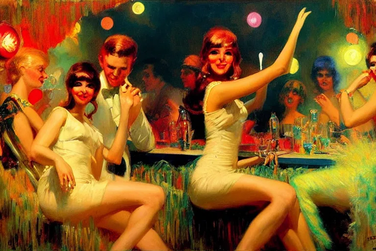 Image similar to sixties disco party, summer, neon light, painting by gaston bussiere, craig mullins, j. c. leyendecker