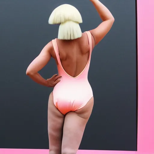 Prompt: sia furler standings with her back to the camera wearing a skin colored peach thong leotard full body artistic photoshoot pose from behind