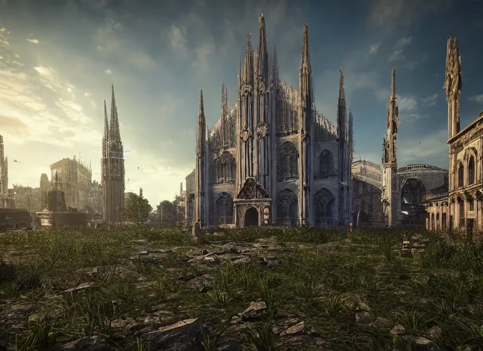 Image similar to duomo di milano post apocalyptic, vegetation, ultra realistic, insane details, cinematic, epic composition, unreal engine, octane render