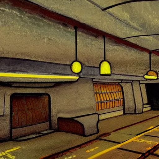 Image similar to painting of an abandoned art deco subway station