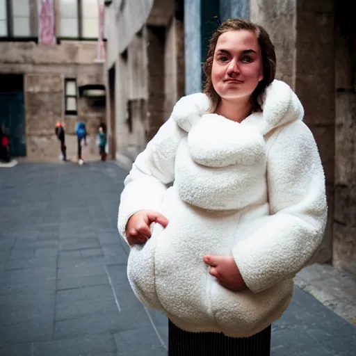 Image similar to portrait of a womans face, age 2 0 in a fluffy sheep costume, outside theatre, street photography by steve mccurry, 5 0 mm f / 1. 4