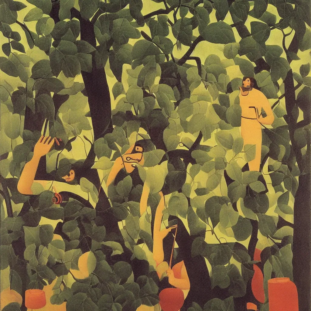 Image similar to i, a man wearing headphone and playing his iphone, by henri rousseau