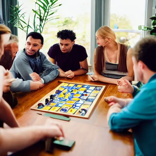 Image similar to photo of a dozen people sitting around a wooden rectangular table playing a board game