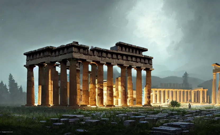 Image similar to exterior shot of utopian train station on in the middle of an ancient greek temple hill with cinematic lighting by peter zumthor and renzo piano, darek zabrocki and greg ruthkowski, simon stalenhag, cinematic, holy place, paradise, scifi, futurism, atmospheric, concept art, artstation, trending on artstation