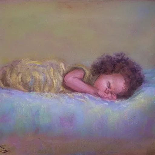 Prompt: a small curly headed child sleeping in a crib, beautiful painting, pastel colors, oil on canvas