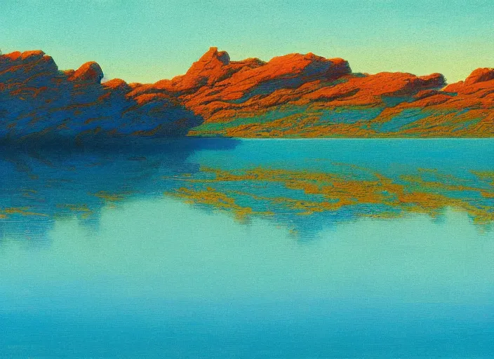 Image similar to blue - turquoise mirage on a sunny lake surface, hyperrealism, no blur, 4 k resolution, ultra detailed, style of anato finnstark, edward robert hughes, james gurney, syd mead