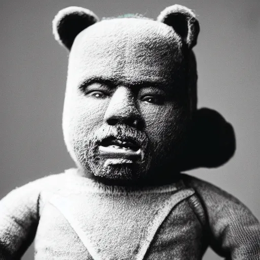 Image similar to Portrait studio photograph of Kanye West & an anthropomorphic teddy bear, close up, shallow depth of field, in the style of Felice Beato, Noir film still, 40mm