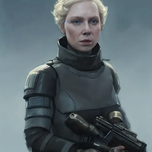 Image similar to portrait of a woman by greg rutkowski, she looks like gwendoline christie, wearing the tactical gear of the corellian confederation, star wars expanded universe, he is about 3 0 years old, highly detailed portrait, digital painting, artstation, concept art, smooth, sharp foccus ilustration, artstation hq