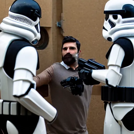 Prompt: 5 foot 1 0 fit man with short black beard and medium black well styled hair being captured by stormtroopers, highly detailed, high definition, ultra realistic