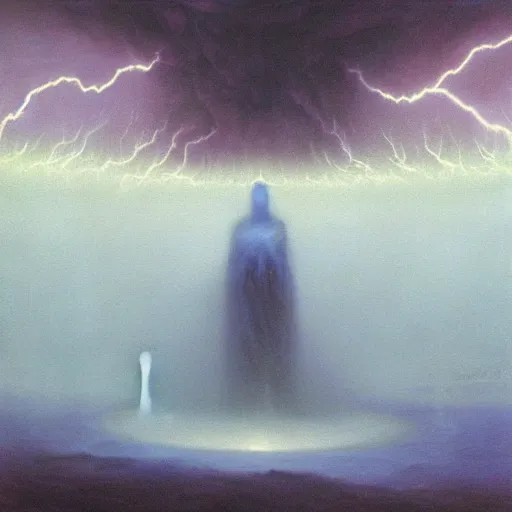 Prompt: blue robed wizard with shadowed face casting a lightning bolt spell in an abyssal rift void. creatures demons monsters in the background, painting by zdislaw beksinski, 8k, fantasy art, detailed, epic