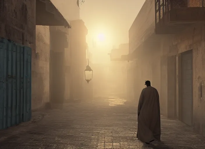 Image similar to old jeddah city alley, roshan, old shops, horse, magical glowing gate to another dimension, a man wearing a white robe standing watching over, dramatic lighting, dawn, by caspar david friedrich, unreal engine 5