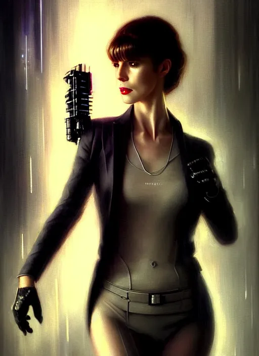 Image similar to ! dream hyper realistic portrait gorgeous, beautiful rachael rosen from blade runner set in modern times, fully clothed in a women's suit from the future, by greg rutkowski, scott m fischer, artgerm, loish, slight glow, atmospheric, anne stokes, alexandros pyromallis,