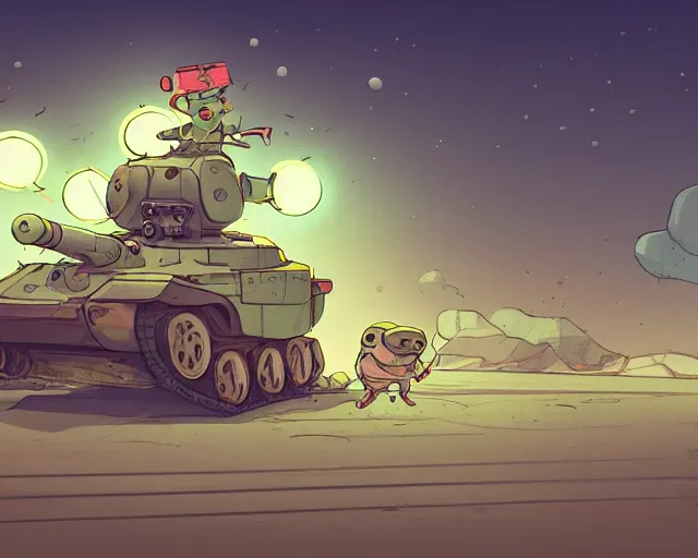 Image similar to a study of cell shaded cartoon of a chibi toad driving a tank on a desert road, street lamps, road, illustration, wide shot, subtle colors, post grunge, concept art by josan gonzales and wlop, by james jean, victo ngai, highly detailed, sharp focus, trending on artstation, hq, deviantart, art by artgem