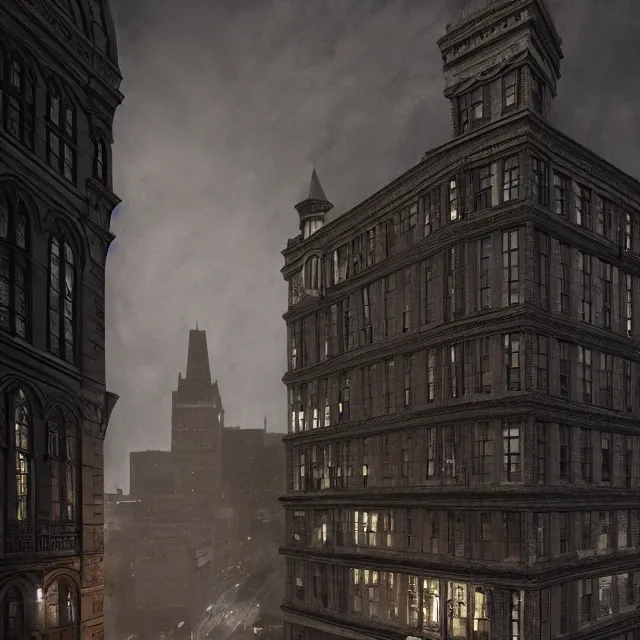 Image similar to painting of a 1 9 2 0 s gothic style hotel in downtown boston, overlooking a dark street, architectural, atmospheric lighting, brooding, painted, intricate, ultra detailed, well composed, best on artstation, cgsociety, epic, stunning, gorgeous, intricate detail, much wow, masterpiece, cinematic aesthetic octane render, 8 k hd resolution,