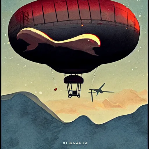 Image similar to a blimp in the sky above a snowy mountain, poster art by guillermo del toro, artstation, panfuturism, reimagined by industrial light and magic, official art, poster art