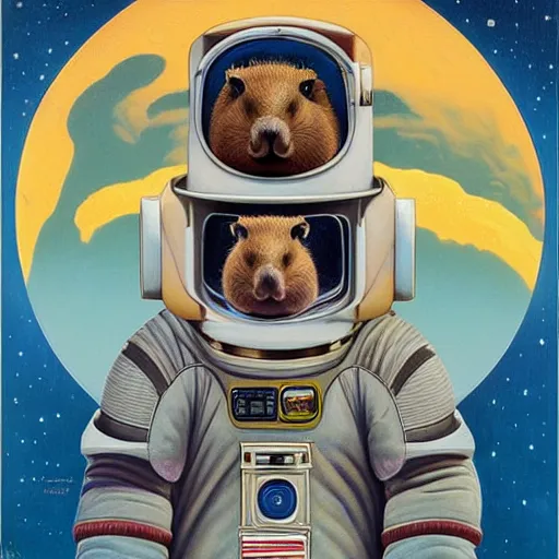 Image similar to beautiful detailed and adorable portrait of a capybara astronaut in a spacesuit by casey weldon by mark ryden by thomas blackshear, super cute, new contemporary, pop surrealism, oil painting