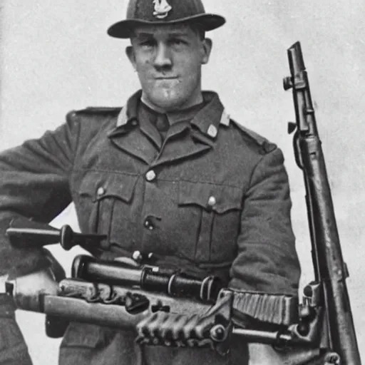 Image similar to old wartime photograph of spongebob squarepants holding a lewis gun, 1 9 1 7