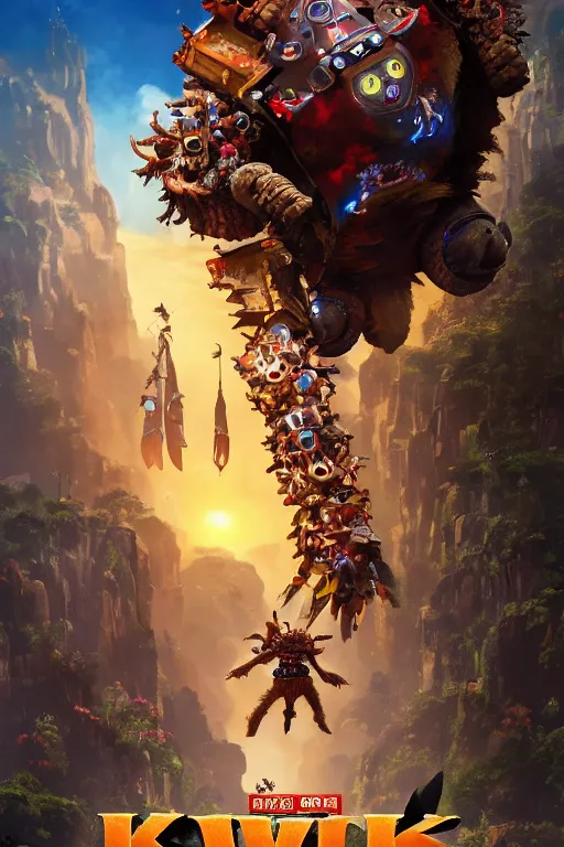 Prompt: Movie poster of Knack 2, Highly Detailed, Dramatic, A master piece of storytelling, wide angle, cinematic shot, highly detailed, cinematic lighting by frank frazetta, ilya repin, 8k, hd, high resolution print