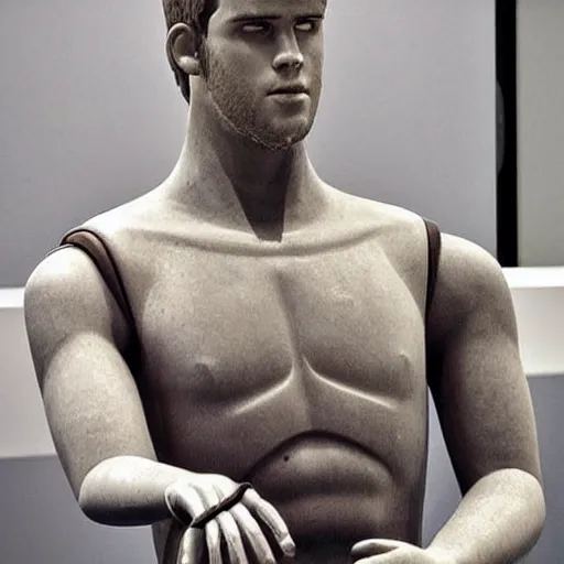 Image similar to “a realistic detailed photo of a guy who is an attractive humanoid who is half robot and half humanoid, who is a male android, actor Liam Hemsworth, shiny skin, posing like a statue, blank stare, at the museum, on display”