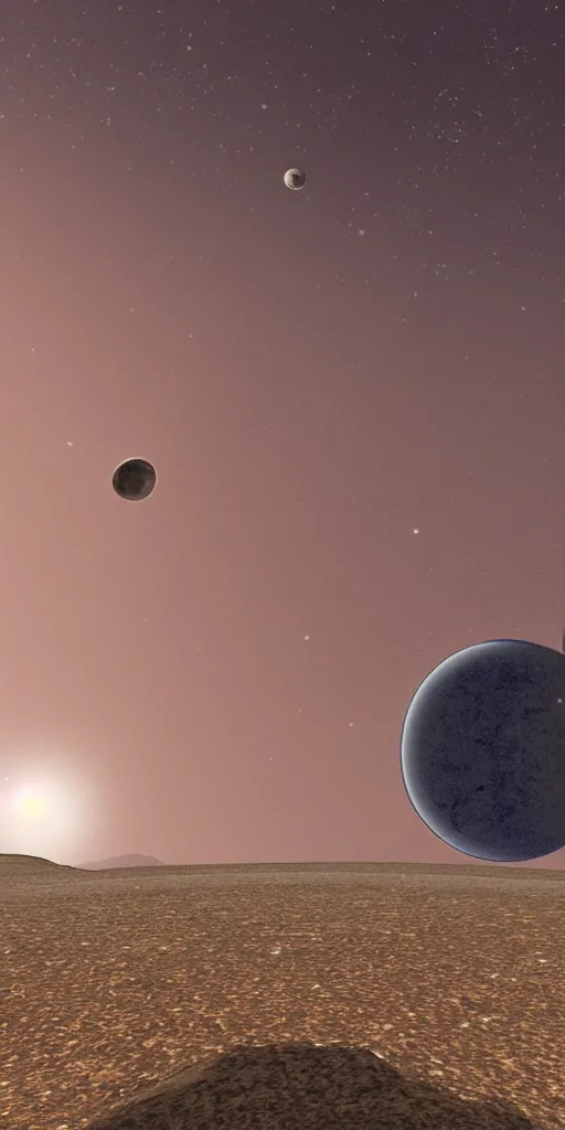 Prompt: ground view on a planet of a sky with two moons,