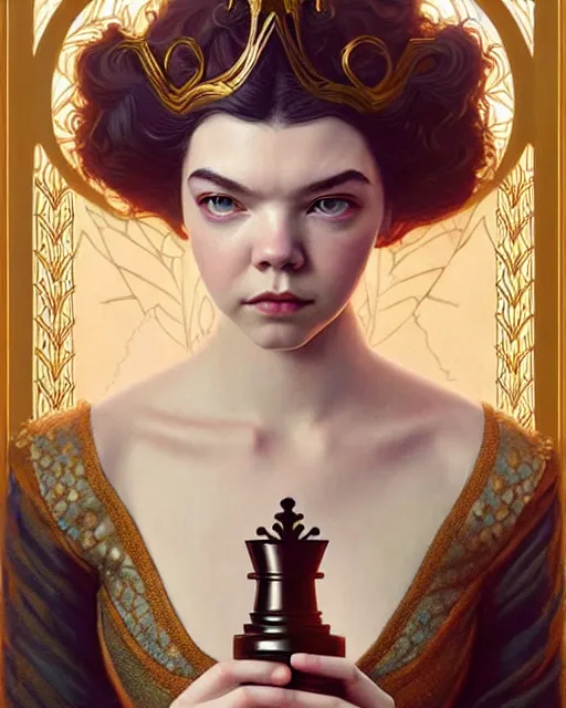 Prompt: 2 5 year old anya taylor - joy ( queen's gambit ) as a chess queen, art nouveau, fantasy, intricate, elegant, highly detailed, sharp focus, art by artgerm and greg rutkowski and wlop