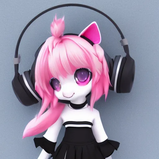 Image similar to cute fumo plush of a popstar wolf girl, anime girl, idol, headphones, tomboy, artstation, bubblegum pop, black and white, snowing, vray