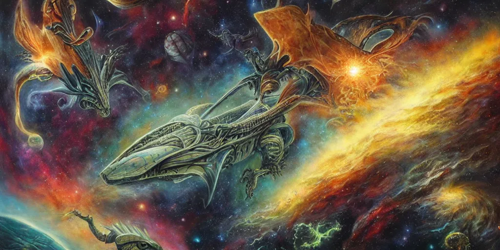 Image similar to alien dragons flying through outer space, epic nebula, asteroid belt, dan seagrave art