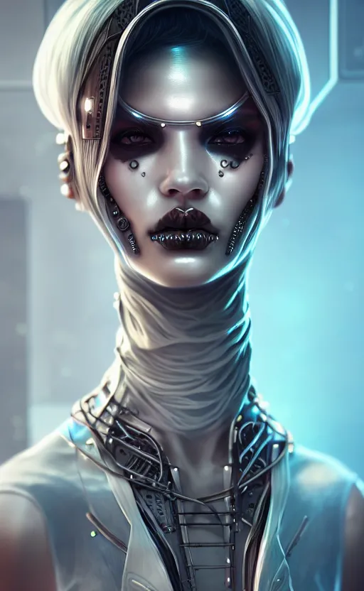 Image similar to soft lustrous ebony ivory biotech raver gutter punk gothic cyborg, golden ratio, details, scifi, fantasy, cyberpunk, intricate, decadent, highly detailed, digital painting, octane render, artstation, concept art, smooth, sharp focus, illustration, art by artgerm, loish, wlop