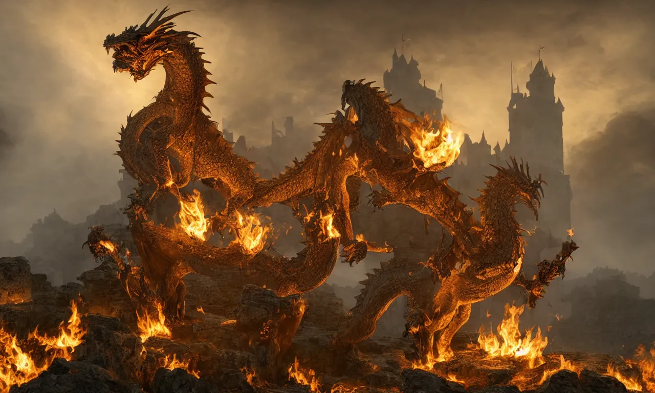 Prompt: A dragon burning down a medieval castle, stylized as a 3D render, Unreal engine, Unity 3D, ray tracing, Octane render, CryEngine, VRay, Houdini render, CGI, by Beeple, by Carl Gustav Carus, highly detailed, intricate, ultrafine detail, micro details, volumetric lighting, in the golden hour, dynamic lighting, dramatic lighting, colorful