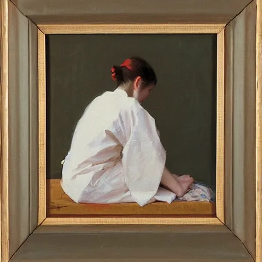 Prompt: girl with pigtails, in kimono, backview, sitting on edge of bed, by jeremy lipking, tim rees, joseph todorovitch