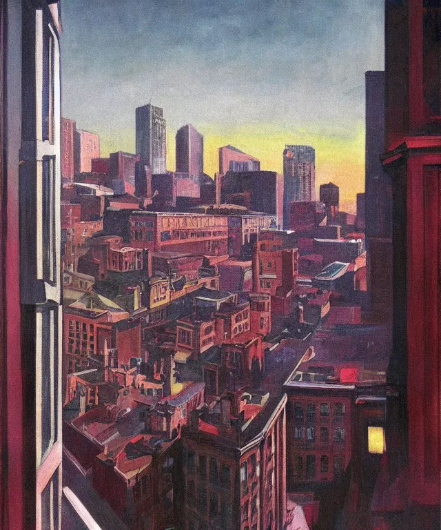 Image similar to horrifying full color photorealistic painting of the view from a 1 9 2 5 hotel terrace balcony overlooking a warped view of downtown boston in 1 9 2 5 at night with a cosmic sky, dark, atmospheric, brooding, smooth, finely detailed, cinematic, epic, in the style of paul carrick