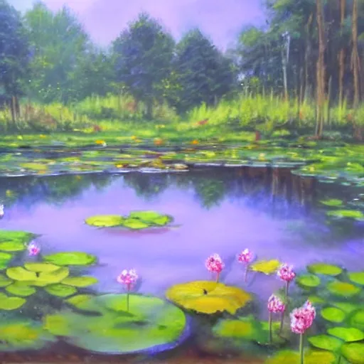 Prompt: a pond with water lillies in the forest, photorealistic,