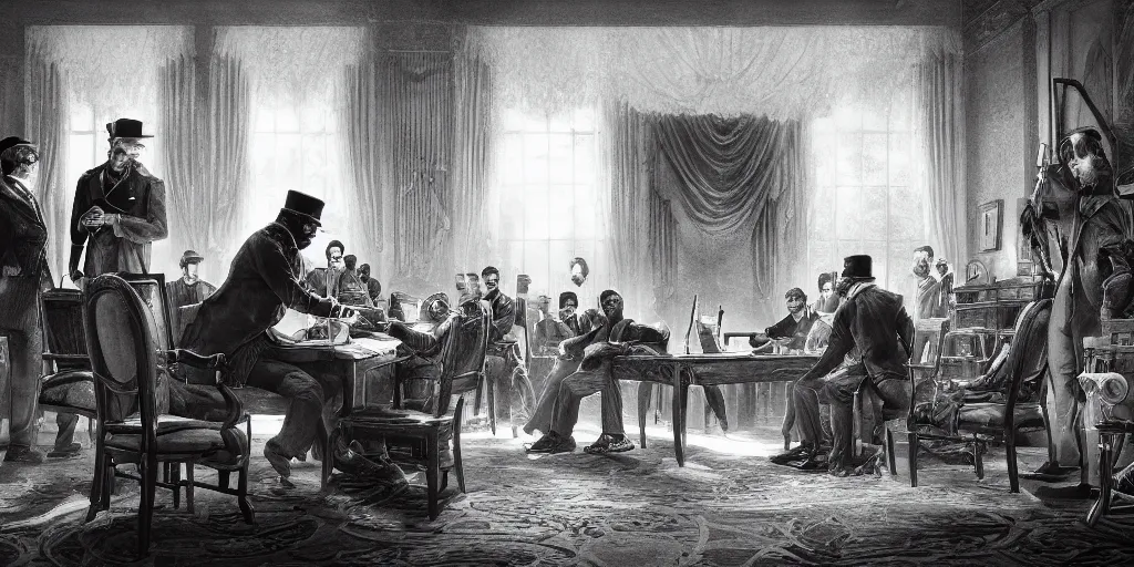 Image similar to five score years ago, a great american, in whose symbolic shadow we stand today, signed the emancipation proclamation. ultrafine colored illustration, hyperrealistic, cinematic atmosphere, intricate linework, sharp focus, octopath traveler, final fantasy, unreal engine highly rendered, global illumination, radiant light, intricate environment