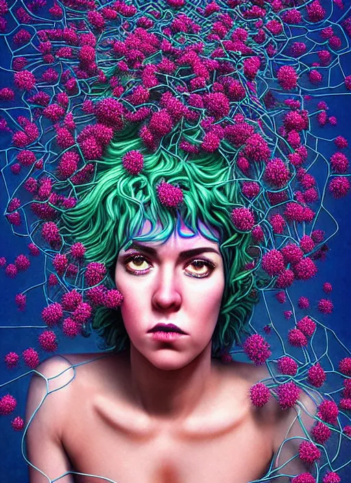 Image similar to hyper detailed 3d render like a Oil painting - Ramona Flowers with wavy black hair wearing thick mascara seen out Eating of the Strangling Choking Suffocating network of colorful yellowcake and aerochrome and milky and Her staring intensely delicate Hands hold of gossamer polyp blossoms bring iridescent fungal flowers whose spores black the foolish stars by Jacek Yerka, Mariusz Lewandowski, silly playful fun face, Houdini algorithmic generative render, Abstract brush strokes, Masterpiece, Edward Hopper and James Gilleard, Zdzislaw Beksinski, Mark Ryden, Wolfgang Lettl, Dan Hiller, hints of Yayoi Kasuma, octane render, 8k