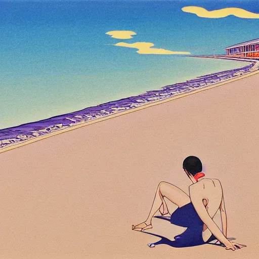 Image similar to a beautiful painting of a sunny day at the empty beach by hiroshi nagai and hirohiko araki, detailed line art