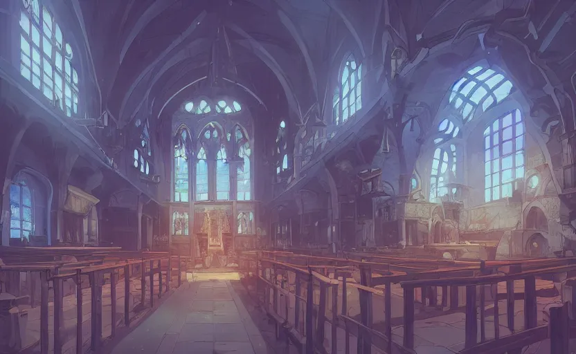 Image similar to a renaissance church hall, crystal lights, mysterious atmosphere, cel - shading, cinematic, artstation, studio ghibli, miyazaki, highly details